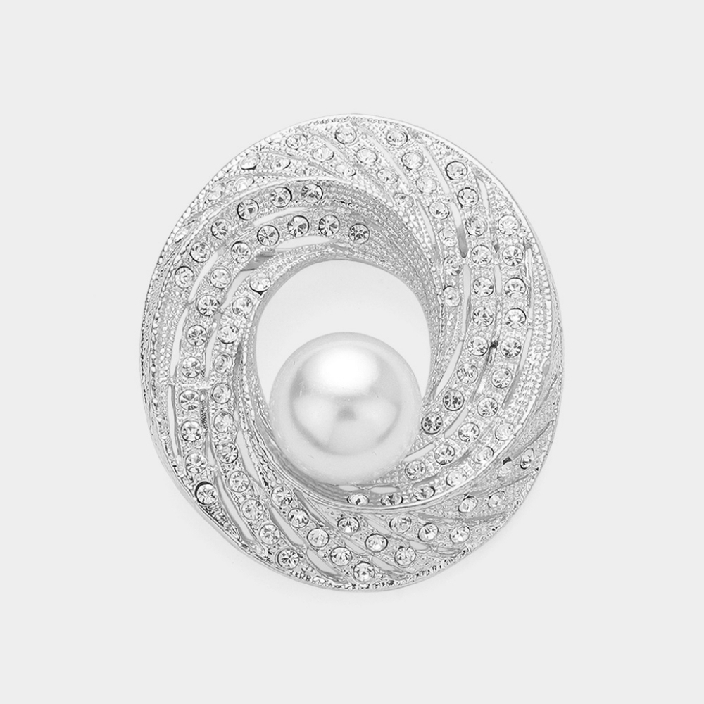 Silver White Pearl Rhinestone Crystal 1.75 Inch Swirl Brooch Pin Accessory